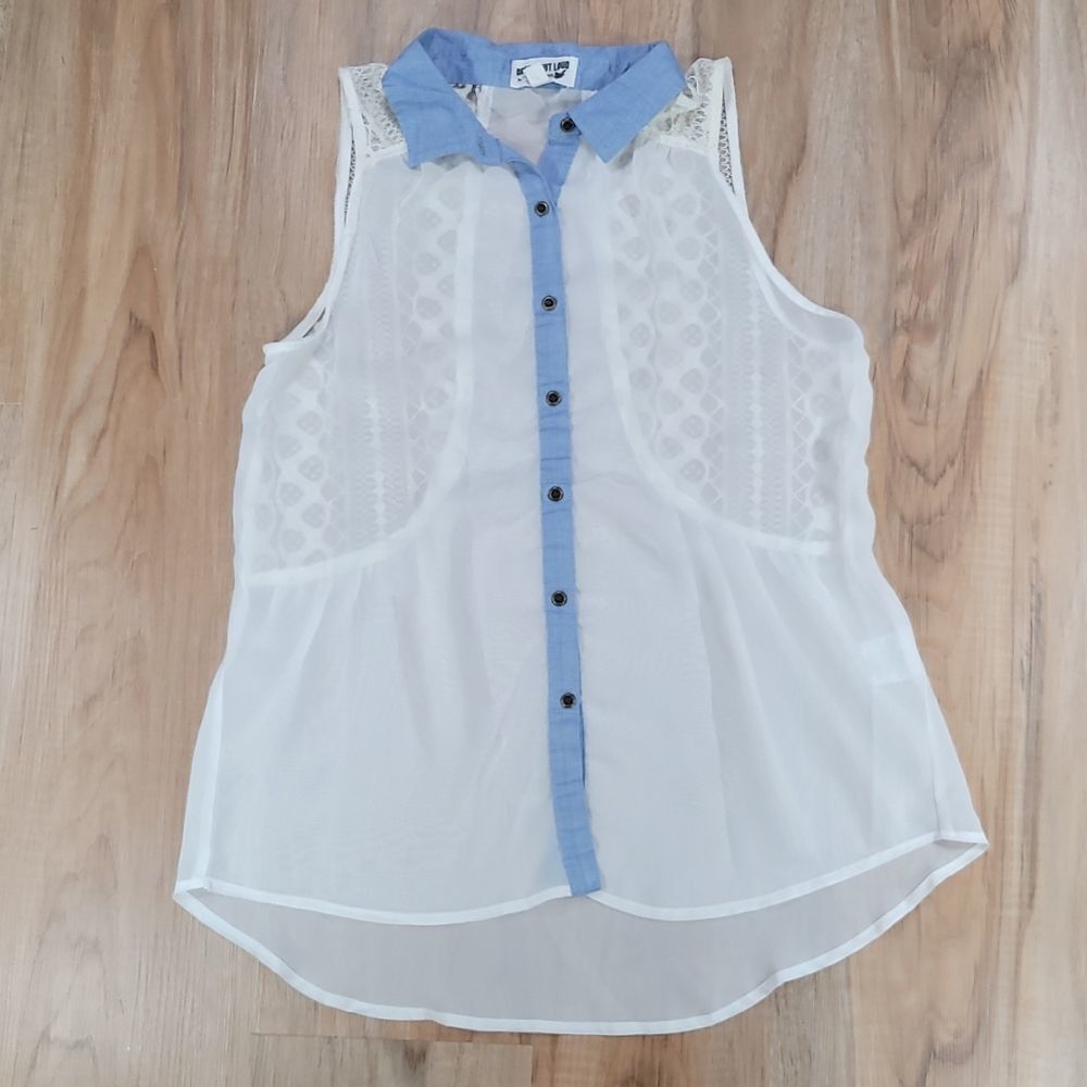 🔺Selena Gomez Dream Out Loud Ivory Lace & Denim Button Sleeveless Top Small